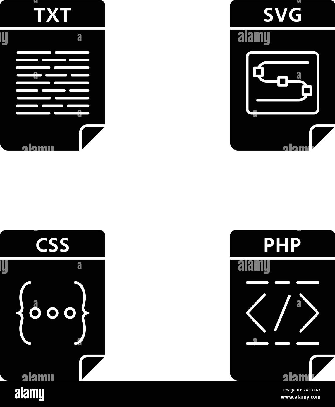 Dateien format Glyphe Symbole gesetzt. Text-, Bild-, web Seite Datei. TXT, SVG, CSS, PHP. Silhouette Symbole. Vektor isoliert Abbildung Stock Vektor