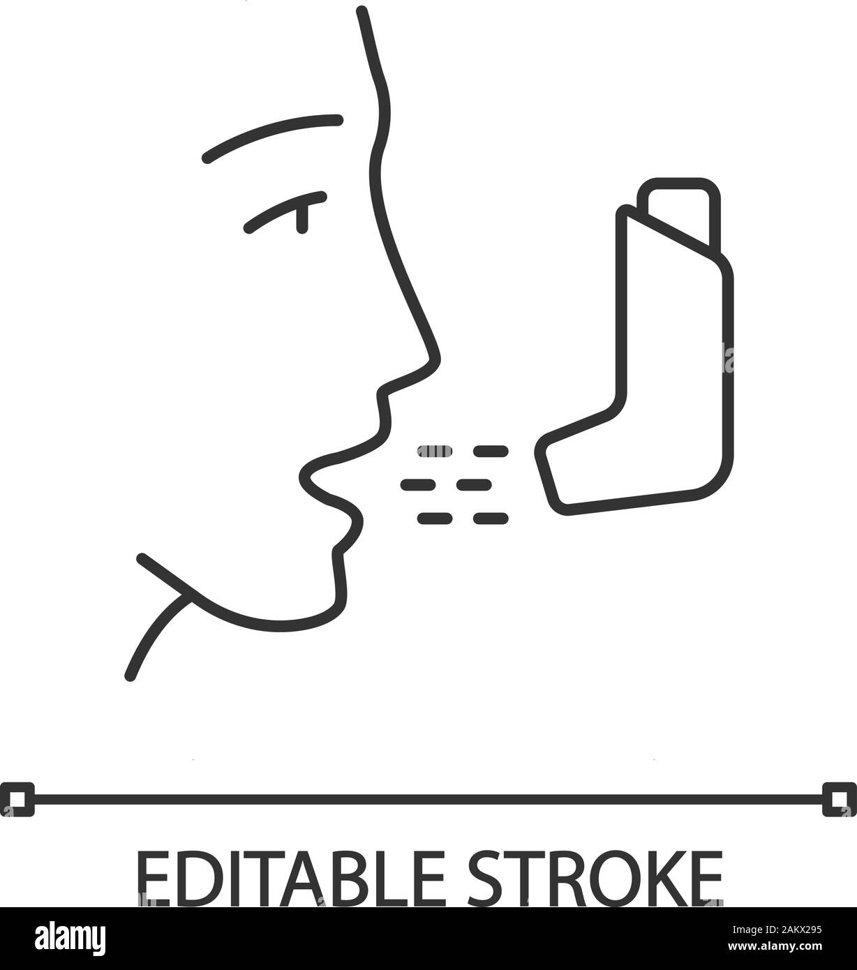 Asthma Inhalator lineare Symbol. Lungenerkrankung Therapie. Beim Einatmen. Atmung Trainer. Orale Medikation Lieferung. Dünne Linie Abbildung. Kontur Symbol. Stock Vektor