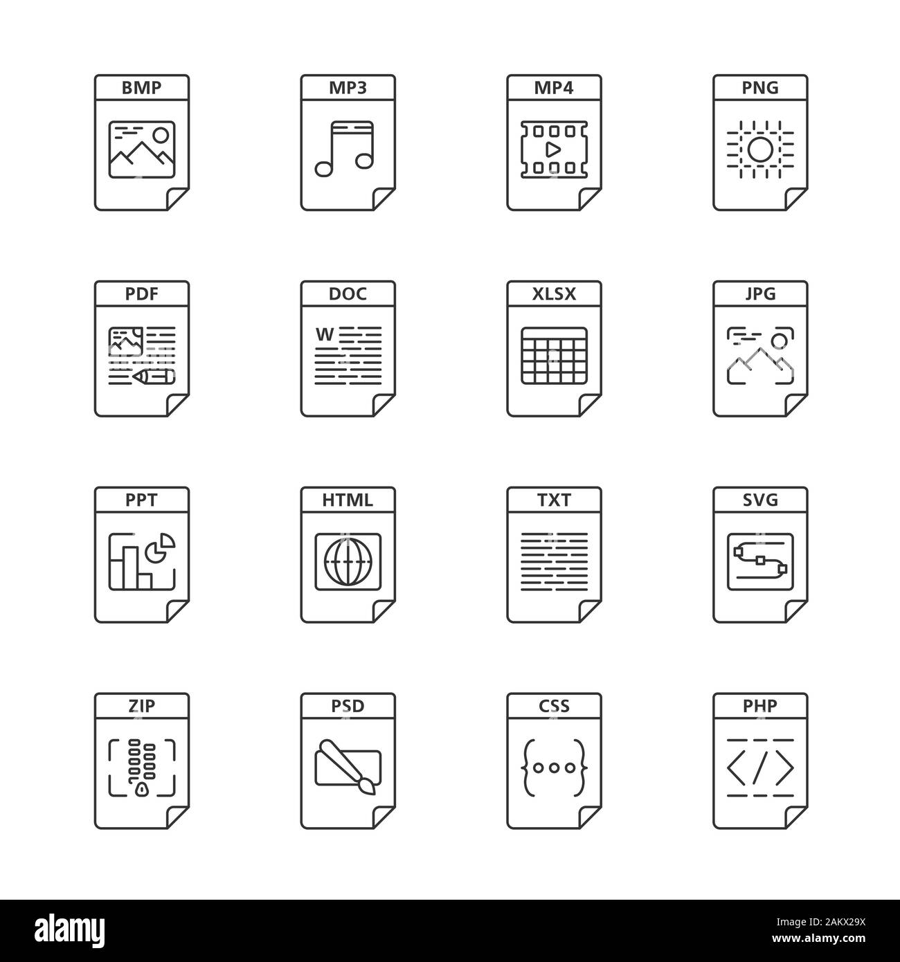 Dateien Format lineare Symbole gesetzt. Multimedia, Text, Web digitale Dateien. MP3, MP4, PNG, PDF, DOC, XLS, JPG, HTML, ZIP. Thin Line Kontur Symbole. Isoliert Stock Vektor