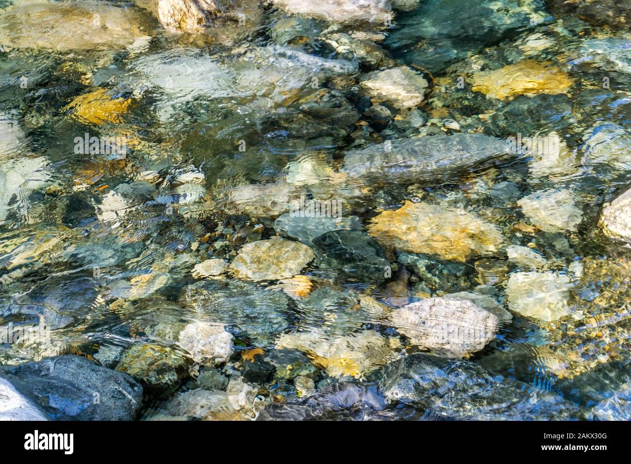 Klares Wasser fließt über Felsen im Denny Creek im Staat Washington. Stockfoto