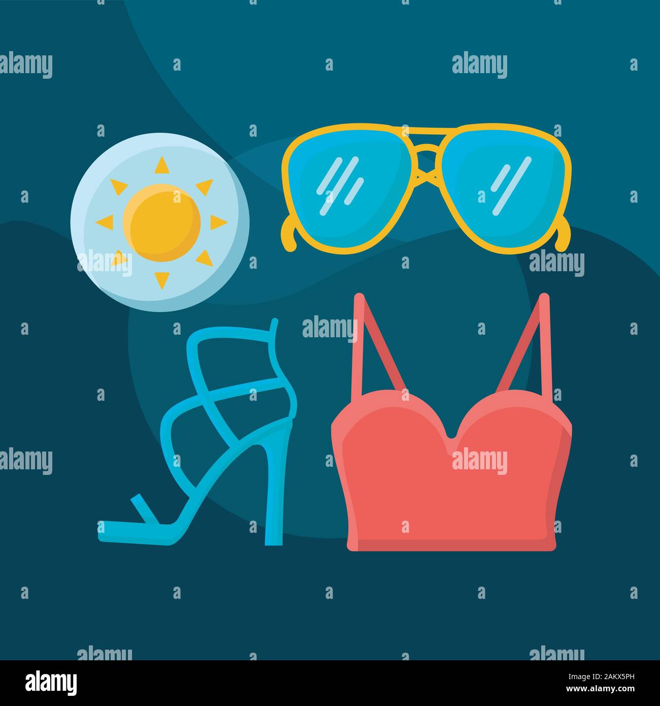 Sommer mode Flachbild Konzept Vektor icon. Shopping Idee cartoon Abbildungen in Farbe gesetzt. Kleidung, Schuhe, Accessoires. Frauen Outfit. Top, Sonnenbrillen Stock Vektor