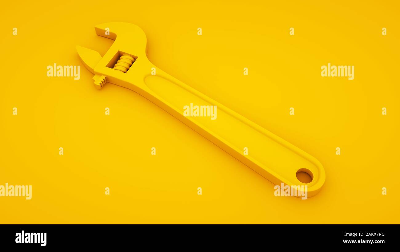 Verstellbarer Schraubenschlüssel auf gelben Hintergrund. Minimale Idee, Konzept, 3D-Darstellung. Stockfoto