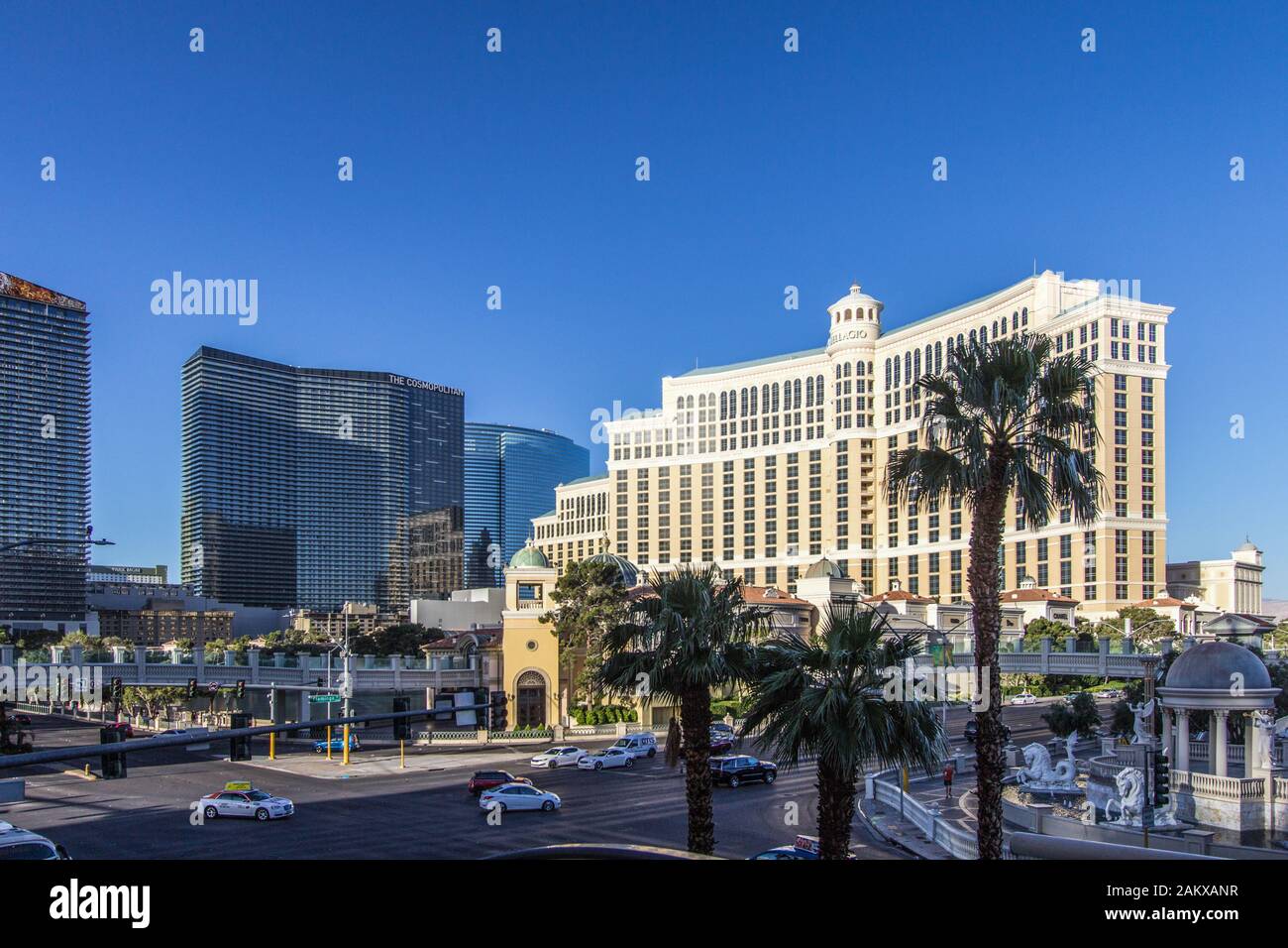 Las Vegas, Nevada, USA - Mai 6, 2019: Der belebten Kreuzung der Las Vegas Boulevard und Flamingo Road mit Ampel auf dem Las Vegas Strip mit werden. Stockfoto