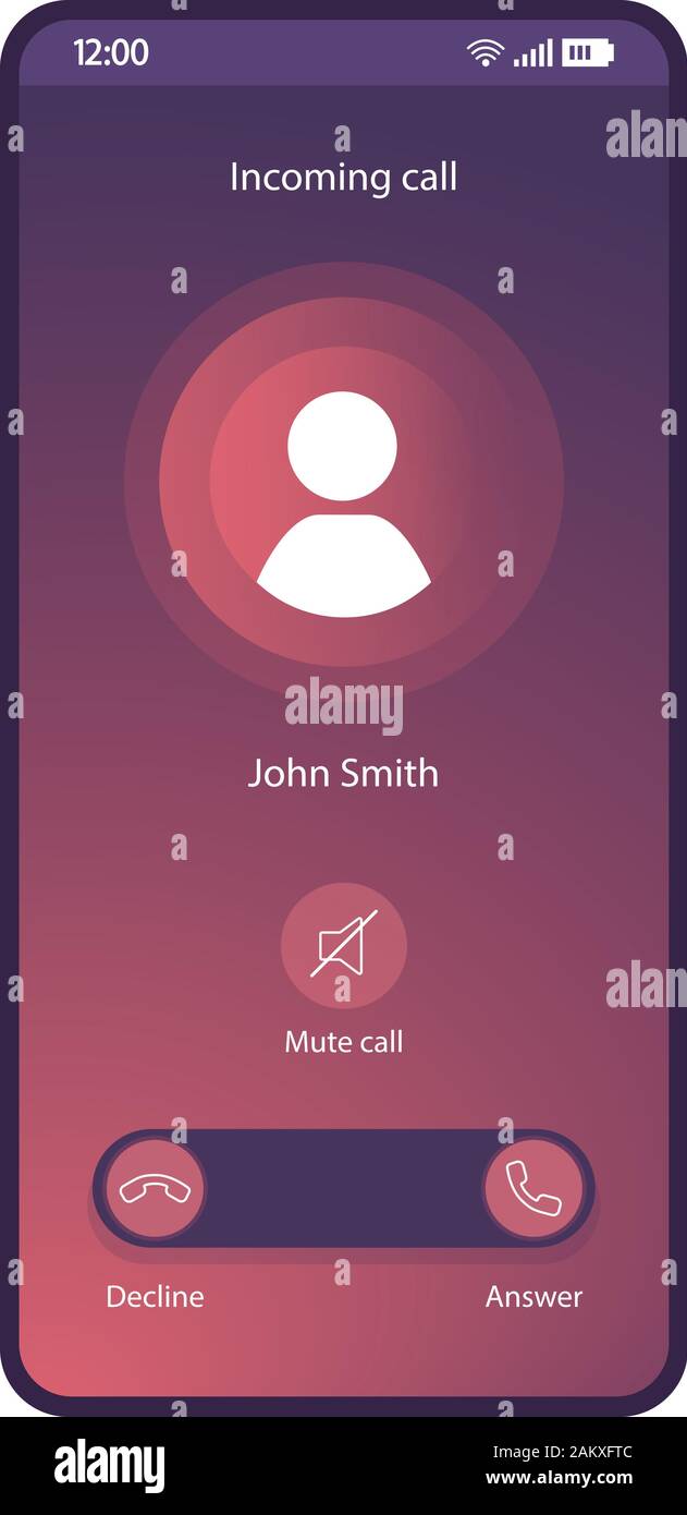 Stummschaltung smartphone Schnittstelle vektor Vorlage. Mobile App Seite lila gradient Design Layout. Eingehende Anrufe, Voicemail angezeigt. Flachbild-UI für applicatio Stock Vektor