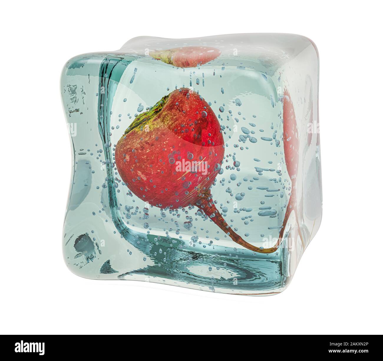 Red big Rettich in Eiswürfel gefroren, 3D-Rendering auf weißem Hintergrund Stockfoto