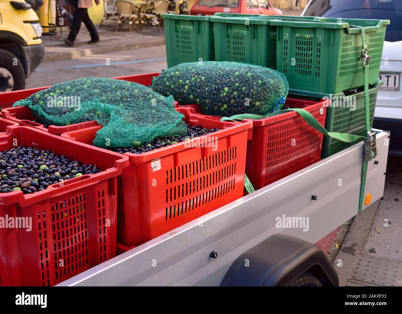 Kisten mit reifen Oliven nach der Ernte brachte Ölmühle am Anhänger für Olivenöl für das drücken Öl aus kleinen lokalen Farm für Olivenöl Stockfoto