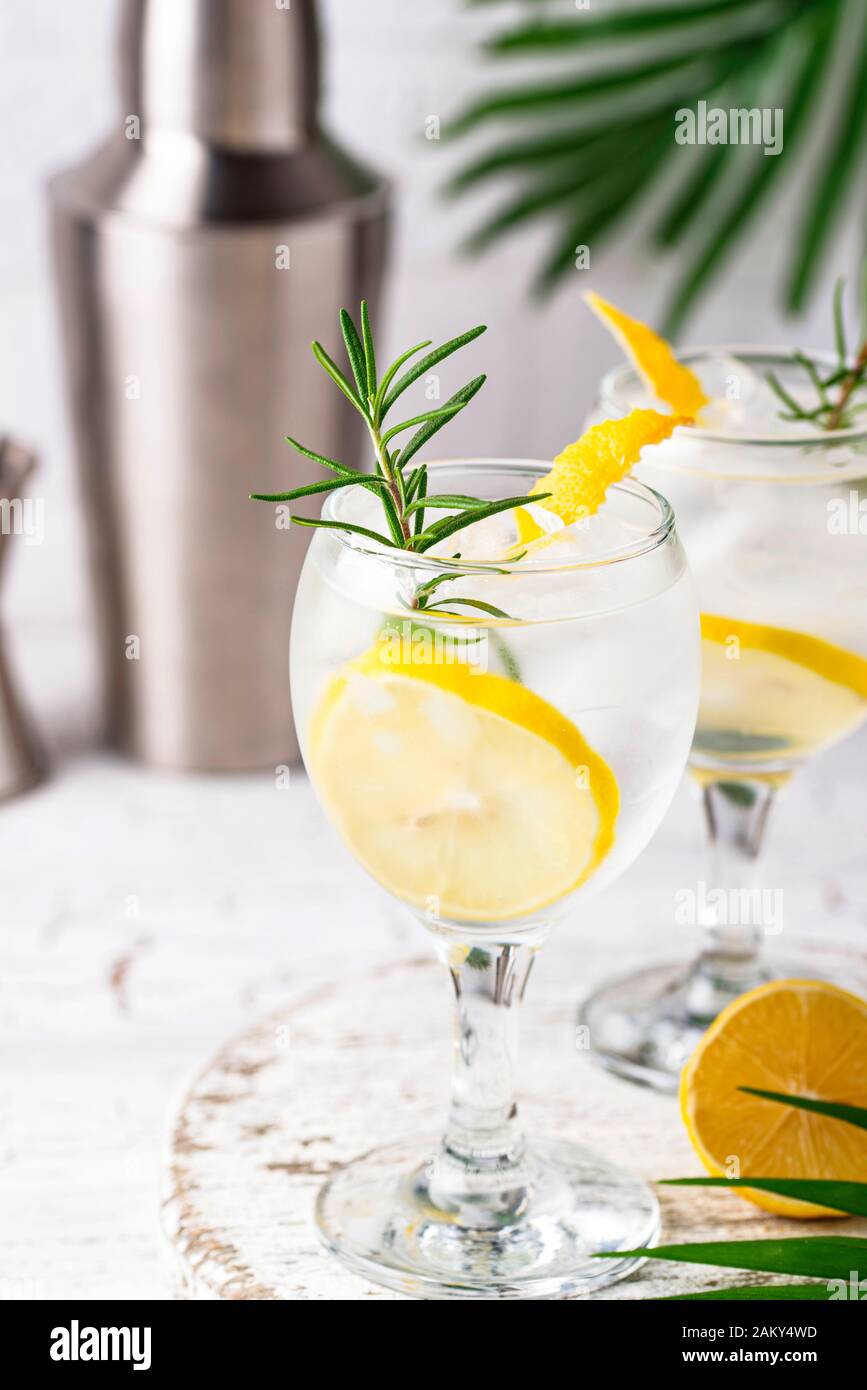 Gin Tonic Cocktail mit Zitrone Stockfoto