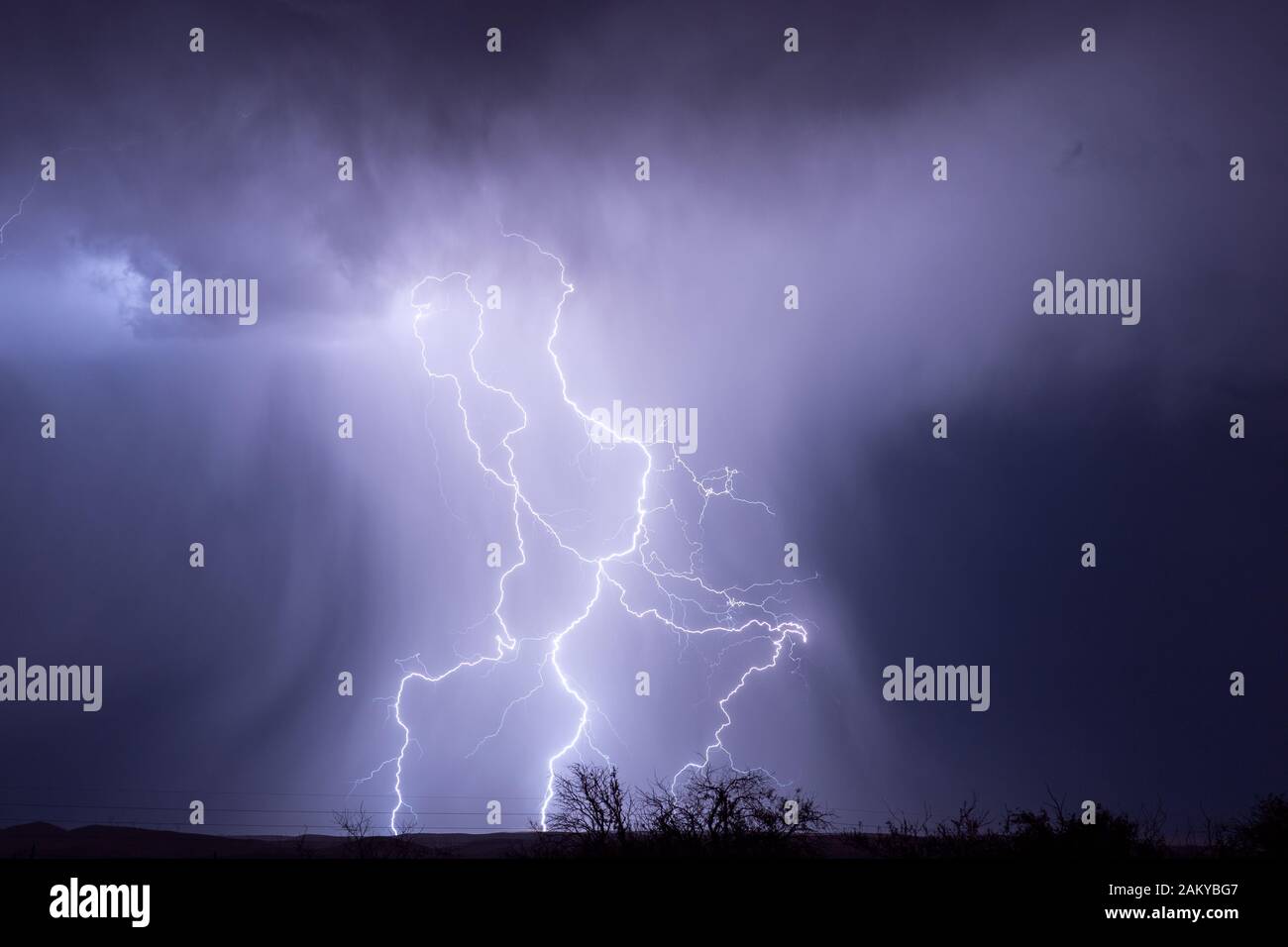 Ein heller Blitzschlag beleuchtet eine Regensäule, die von einem Gewitter in der Nähe von Cordes Lakes, Arizona, USA, fällt Stockfoto