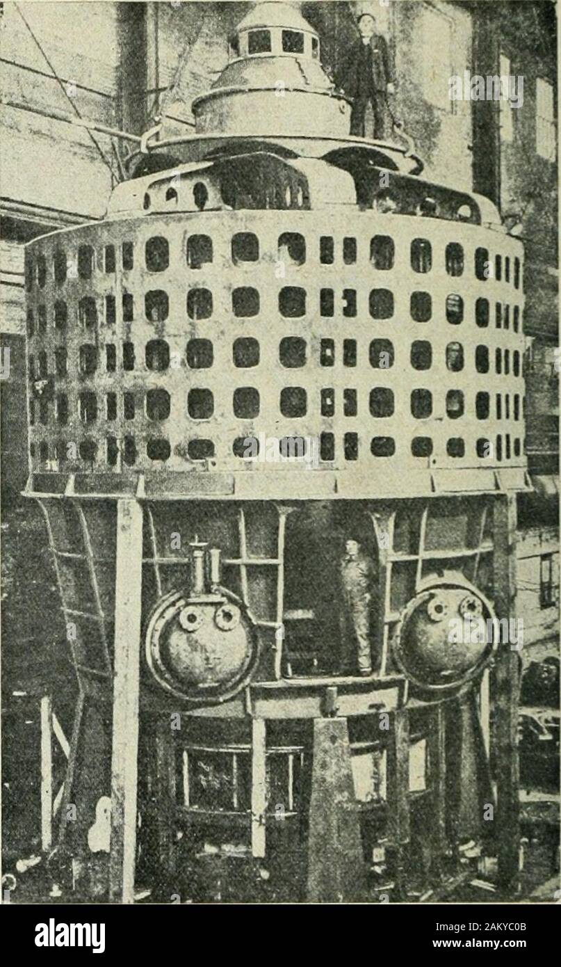 Elektrische Nachrichten und Engineering. ternating - Aktuelle Design, Allis-Chalmers Manufacturing Company. Grenzen als bei vielen kleineren Maschinen. Das Gewicht des Rotors mit der Welle ist ca. 265.000 lb., unddem Fly-rad Wirkung der Rotor ist 10.500.000 Lb. -ft. qm einschließlich alle Teile der Maschine leicht unter 300 Tonnen wiegt. Für die Ständer der üblichen Box-frame design Prüfanlage Joch wurde eingesetzt, Transport und Stif- trockene Arbeit zu erleichtern. Das Ständerblechpaket wird gestapelt werden und der machinewound in der Station. Alle Teile müssen über Cliff am Niagara Falls, um t abgesenkt werden Stockfoto