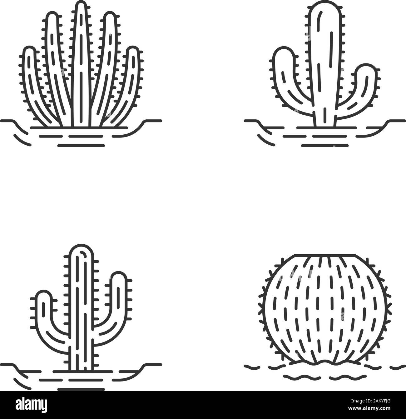 Wilden Kakteen in Boden lineare Symbole. Sukkulenten. Dornige Pflanzen. Barrel Cactus, Saguaro, mexikanische Riese, Organ Pipe Cactus. Thin Line Kontur Symbole. Stock Vektor