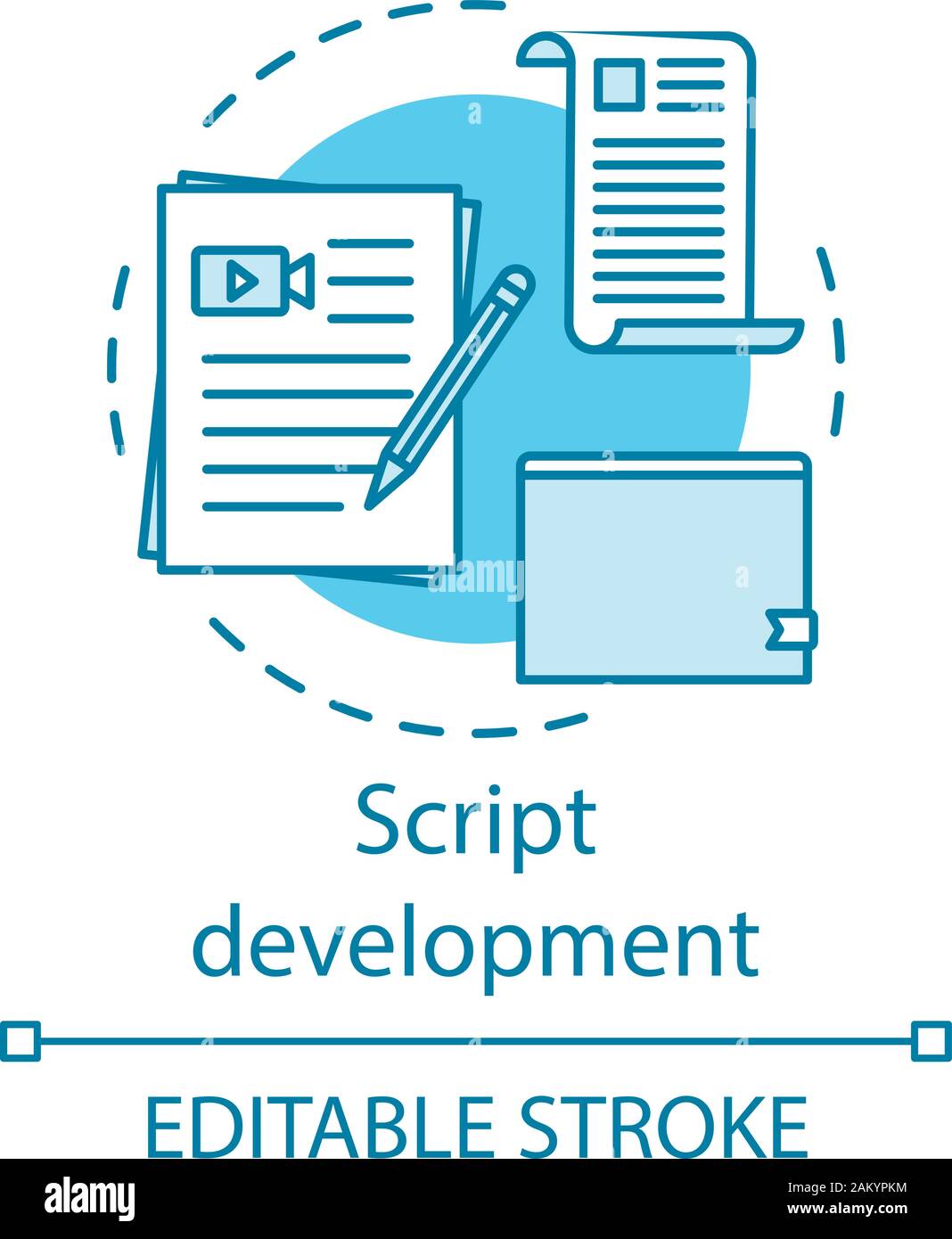 Die Entwicklung von Scripts Konzept Symbol. Video pre Produktion Idee dünne Linie Abbildung. Film Drehbuch schreiben. Scripting. Screenwriting. Kinematographie. Ve Stock Vektor