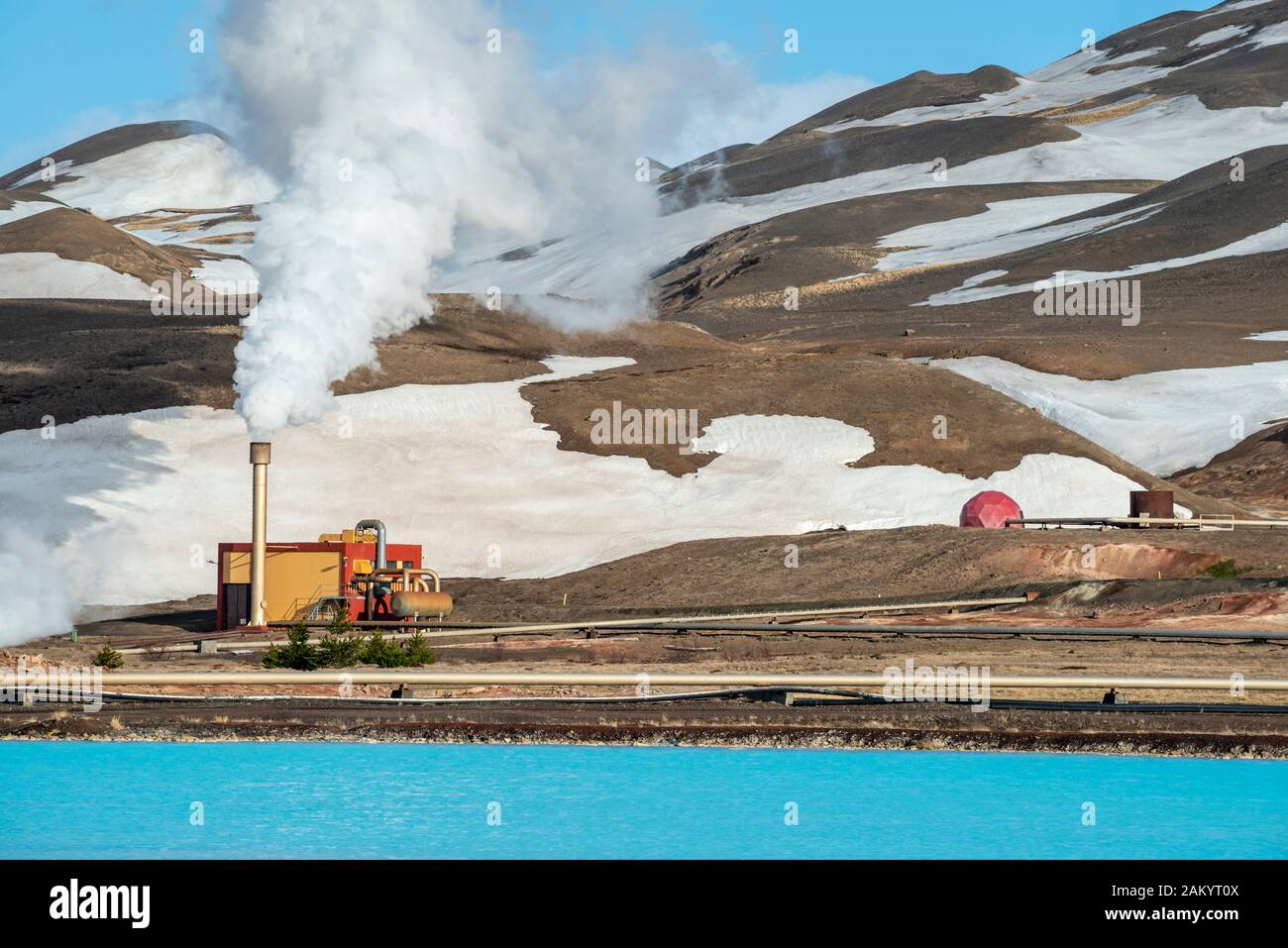 Bjarnarflag Geothermie-Kraftwerk, in der Nähe von See Myvatn, Heißdampf, Schnee, Winter, Island Stockfoto