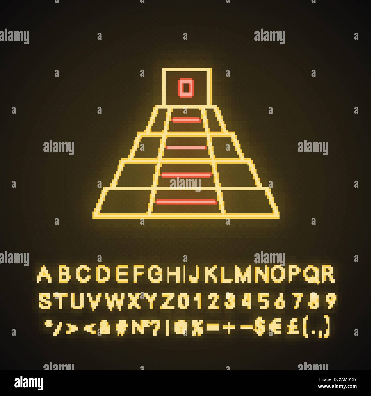 Mexikanische Pyramide Neonlicht Symbol. Teotihuacan. Maya Pyramide. Treppen hinauf. Leuchtende Zeichen mit Alphabet, Zahlen und Symbolen. Vektor isoliert Abbildung Stock Vektor