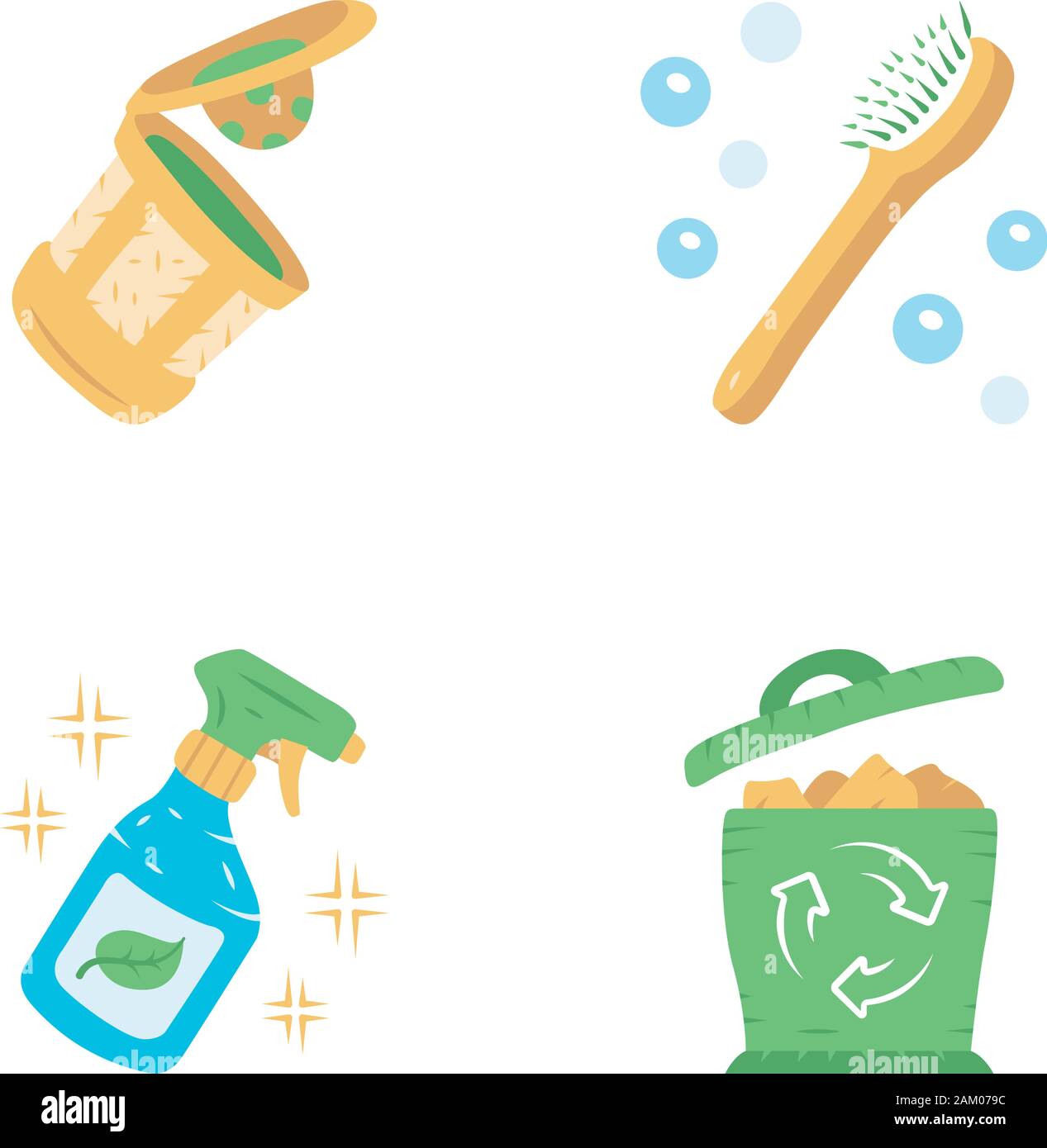 Null Abfall swaps handgefertigte flache Bauweise lange Schatten farbige Symbole gesetzt. Umweltfreundliche, ökologische, nachhaltige Produkte. Umweltfreundliche Reinigungsmittel, wiederverwendbare k-Schale, Stock Vektor