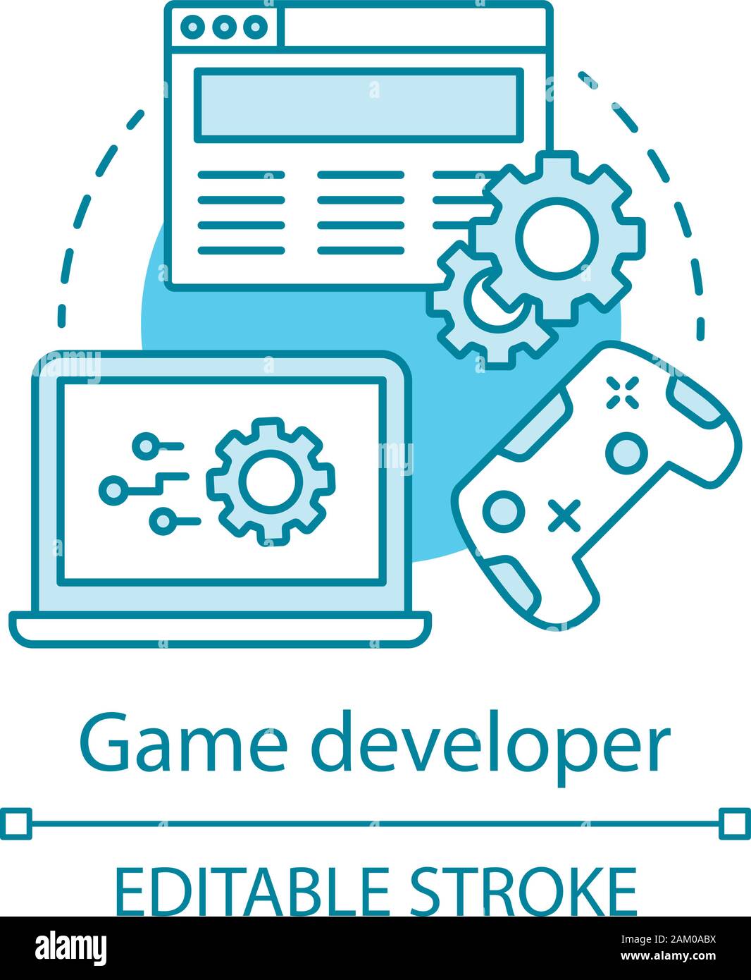 Game Developer Konzept Symbol. Suchen, Installieren, Konfigurieren. Programmierer arbeiten. Gaming Software Programmierung, Test, dünne Linie Abbildung. Vecto Stock Vektor