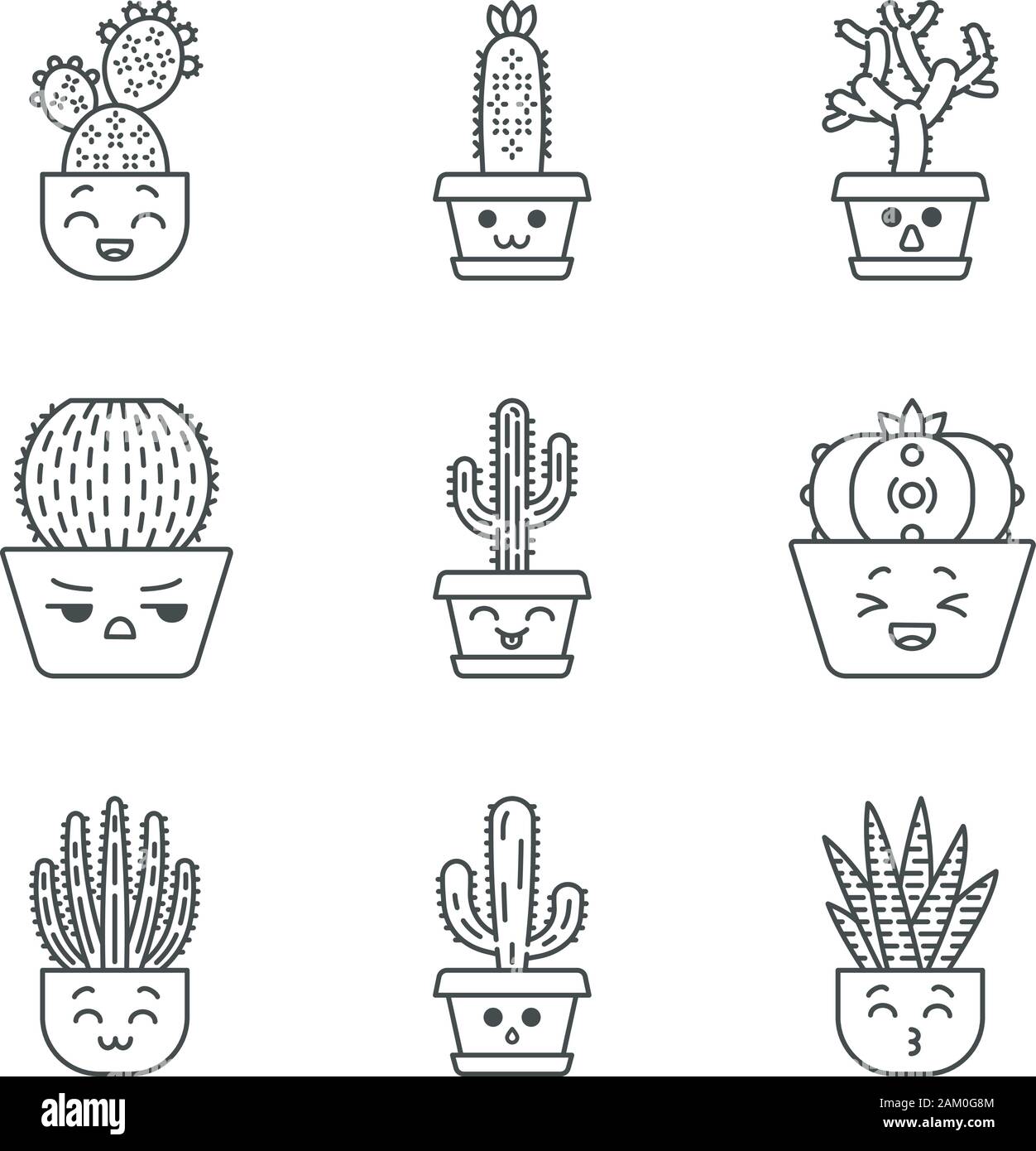 Kakteen niedlich Kawaii lineare Zeichen. Pflanzen mit lchelnden  Gesichtern. Lachend Saguaro und Peyote Kaktus. Home Kakteen in Tpfen. Thin  Line Icon Set. Vektor Stock-Vektorgrafik - Alamy