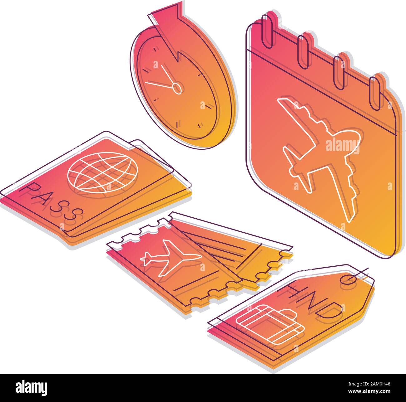 Airport Service isometrische Color Vector Illustration. Airline lineare Symbole Infografik. Flugzeug reisen, Reise 3d-Konzept. Flugticket, Zeitplan, Pa Stock Vektor