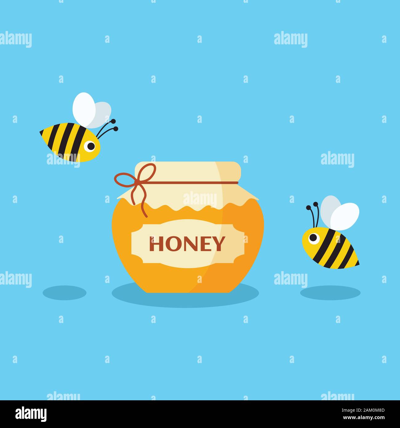 Vektor-Zeichentrickbienen fliegen um einen schröpfigen Krug Honig. Stock Vektor