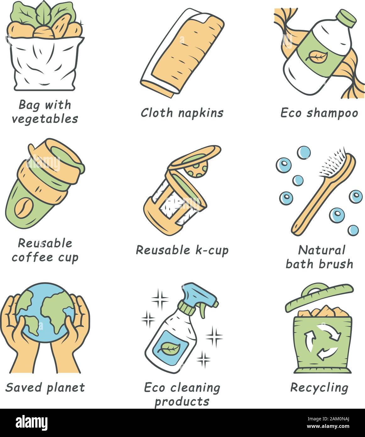 Null Abfall swaps handgefertigte farbige Symbole gesetzt. Umweltfreundlich, biologisch, nachhaltige Produkte. Recycling von Materialien. Wiederverwendbare Kaffeetasse, eco Schein Stock Vektor