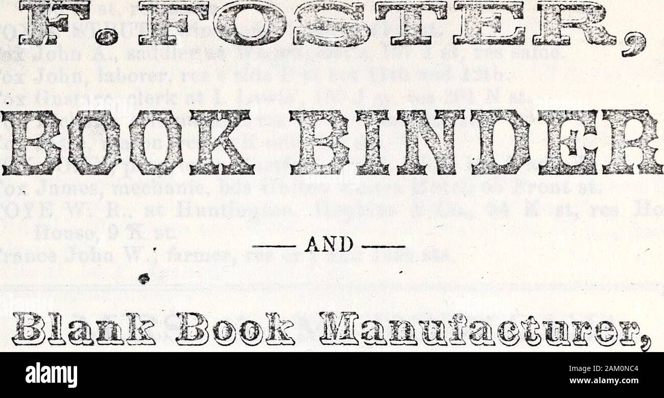 Sacramento Stadt und Grafschaft Verzeichnis. n Büro, rm 7 Railroad geb., Cr3 d und K. Foster Albert, Kapitän Chrysopolis C S N, res San Francisco. FOSTER F., Buchbinder, über 39 J st, Res 100 7th St Wette F und G. FÖRDERN MARK, maschinist State Capitol, rms Antilope geb., 76 J st. Foster Horace, Kutscher, res J st Wette 6. und 7. Foulkes William, Hilfsarbeiter, res w Seite 5 st Wette M und N. Foulke John, Tabakladen, res J st Wette 10. und 11. Fotheringham Henry, Kutscher, res K st Wette 12. und 13. Brunnen George, am Sägewerk cr Vorne und Q Sts. Brunnen James BM brickmaker, res s w Cr 15 und P Sts. Brunnen Wi Stockfoto