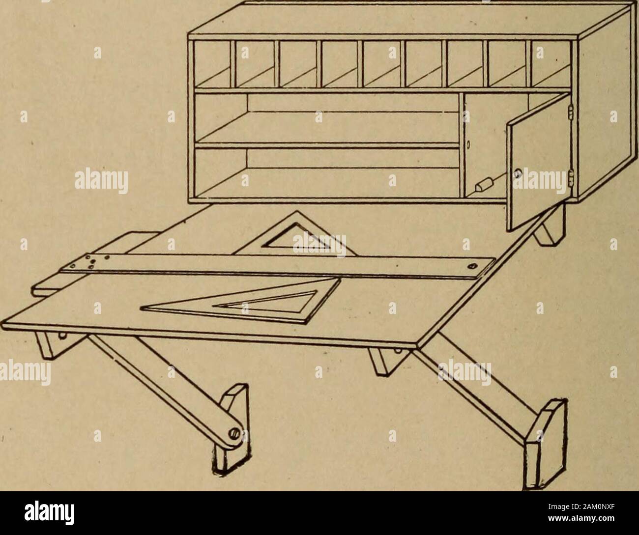 Der Handy man Werkstatt und Labor. Abb. 25 - Details Der reißbrett Abb. 25. ist maßstabsgetreu, zeigt die vorderen und seitlichen Blick auf den Schrank (siehe Abb. 26.) Ist 6 Zoll tief außerhalb Mess- und 3 Fuß in der Länge. Die Regale sind ein^/i Zoll auseinander, so dass die Gesamthöhe 16 cm. Die kleinen Schrank ist gl/2 Zoll Platz im Inneren. Es sollte mit Scharnieren und 22 HANDY MAN S WERKSTATT UND LABOR Sperren eingerichtet werden. Einen kleinen Block aus Holz, angehängt an den Ecken, wird preventthe Tür zu weit innen schließen. Die Schubladen können eitherplain oder mit Schubladen ausgestattet sein, und das allgemeine Design Stockfoto