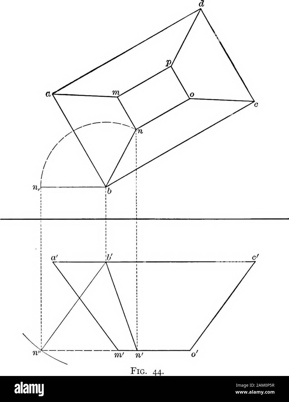 Die Grundlagen der Darstellenden Geometrie. Abb. 43. 48 Grundlagen der Darstellenden Geometrie der gedrehten Position von N. BN können jetzt Position Mrd. solltejedoch gedreht werden, und n an n dargestellt werden. Die Höhe der Trichter kann jetzt gezogen werden wie in der Abbildung gezeigt. 39. Besondere Fälle, ich. Um die Länge einer hne, die die ersten und dritten Quadranten liesin finden.. 2. Um die Länge einer Hne, die in das Profil Flugzeug hat. 40. These 2. Zwei Ansichten einer Hne zu finden, in denen die Ebenen der Projektion itpierces. Diskussion. Der Punkt, an dem die Linie H durchdringt, muss er auf der Linie selbst und in der H-p Stockfoto