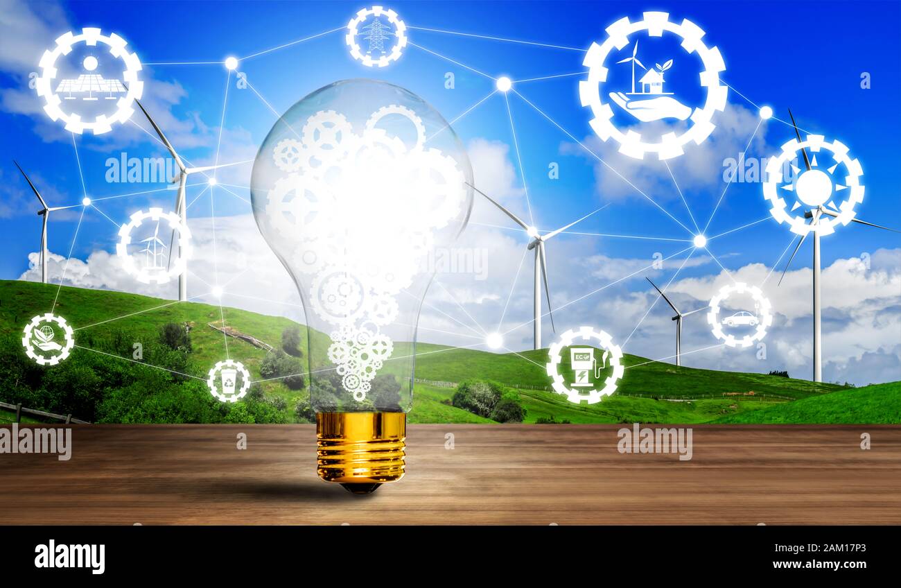 Grüne Energie Innovation Glühbirne mit zukünftiger Industrie der Stromerzeugungssymbol-Grafikschnittstelle. Konzept der Nachhaltigkeitsentwicklung von alternati Stockfoto