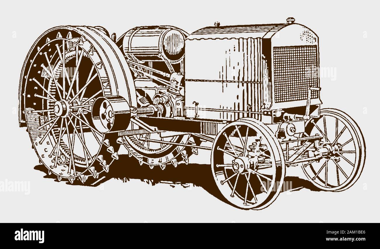 Historische schweren Traktor in drei Viertel der Vorderansicht. Abbildung: Nach einem Stich aus dem frühen 20. Jahrhundert Stock Vektor