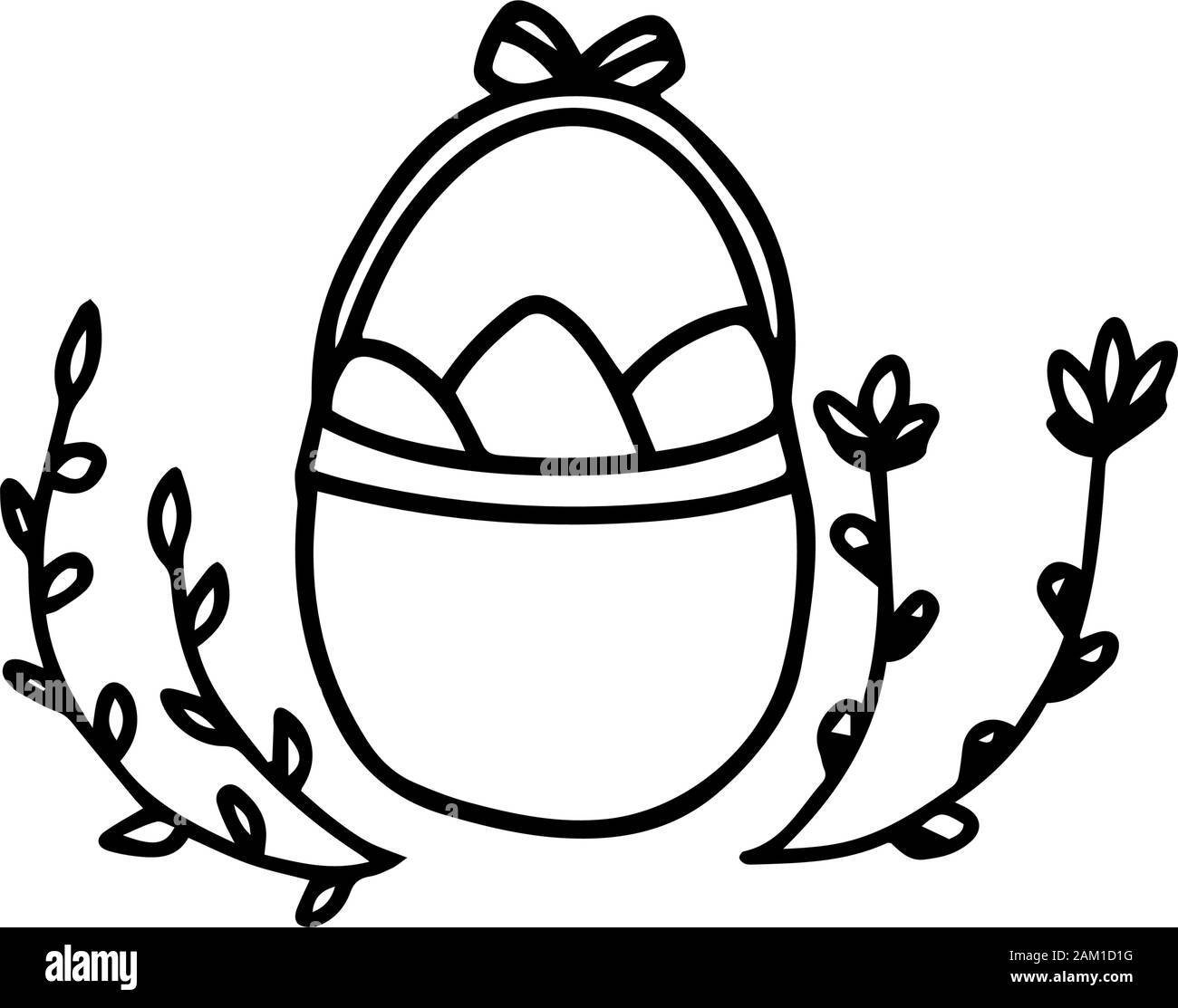 Ostern Eier in einem Korb mit einem Bogen in der Nähe von Willow twigs. Vektor Kontur doodle Abbildung. Hand doodle Kunst für Design art Malbuch, Urlaub gezeichnet Stock Vektor