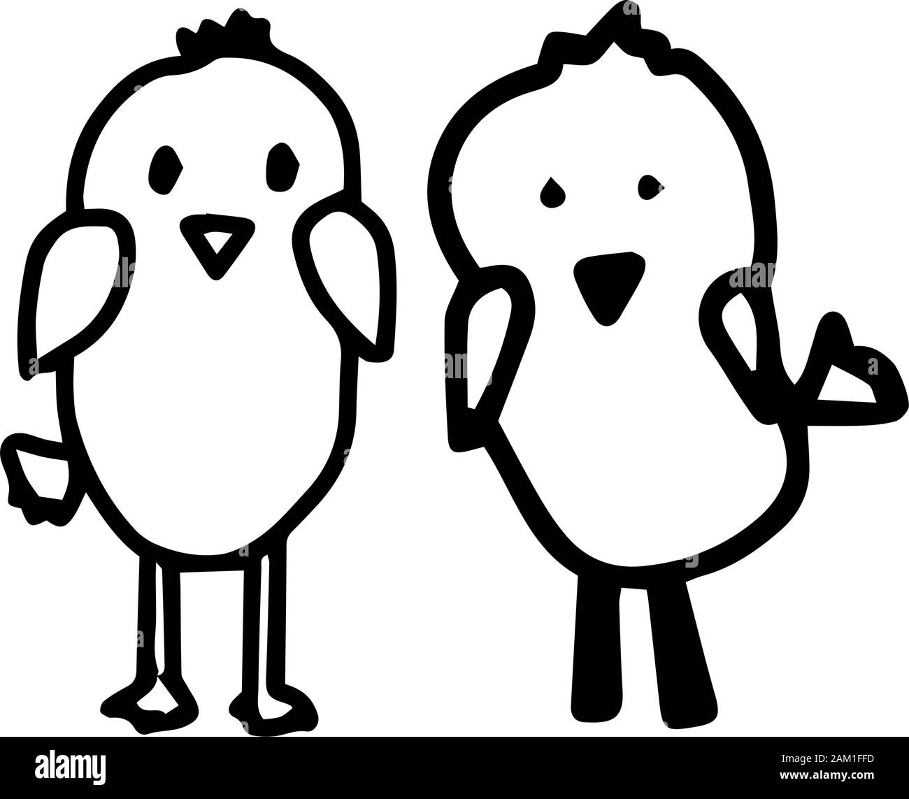 Wenig zwei Küken. Vektor doodle Umrisse Abbildung auf weißem Hintergrund. Handzeichnung Vogel. Desing Kinder Textil, Kleidung, Einladung, p Stock Vektor