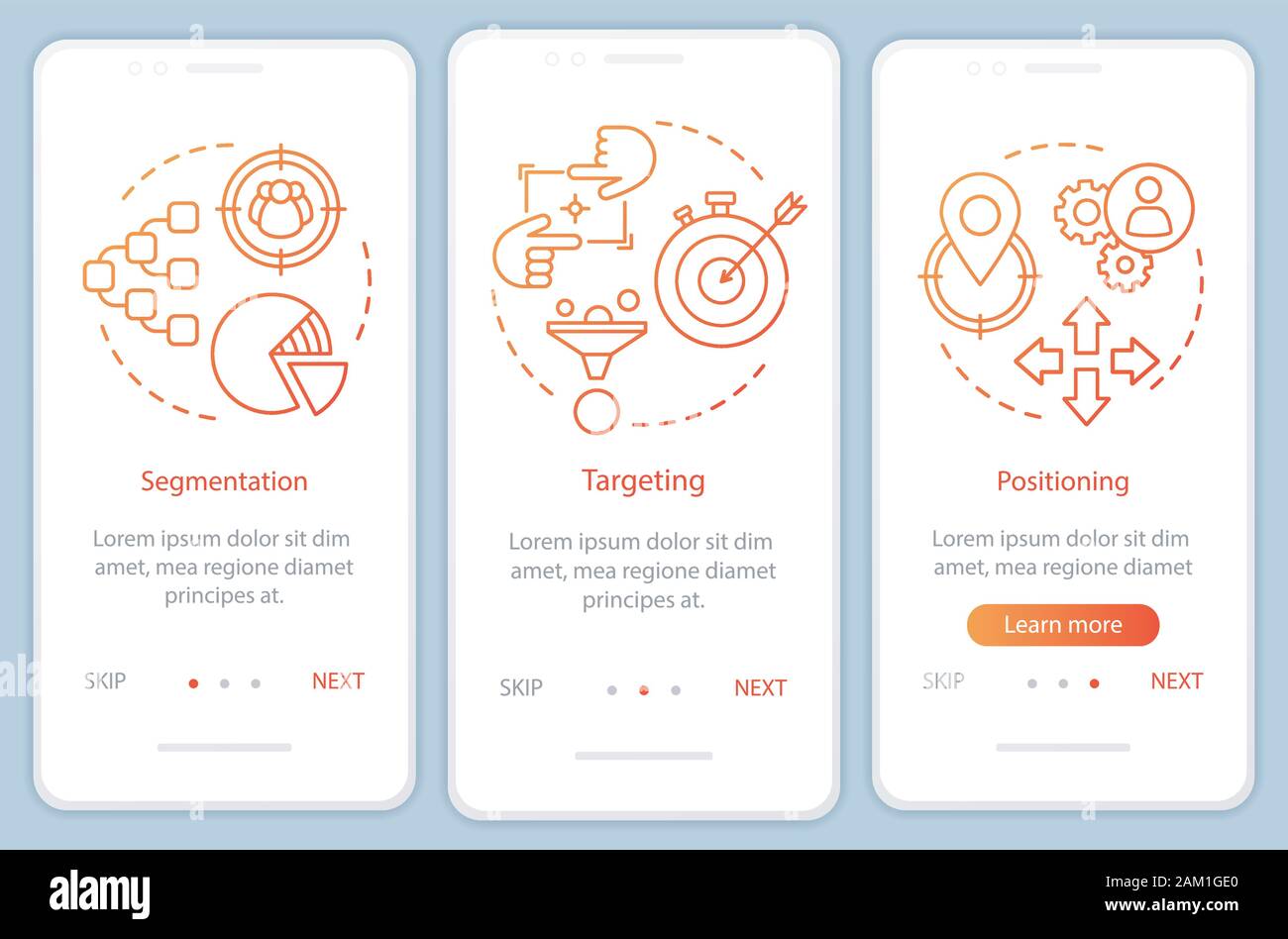 STP orange gradient Onboarding mobile App Seite Bildschirm vektor Vorlage. Markt Strategie und Positionierung walkthrough website Schritte mit linearen illustr Stock Vektor