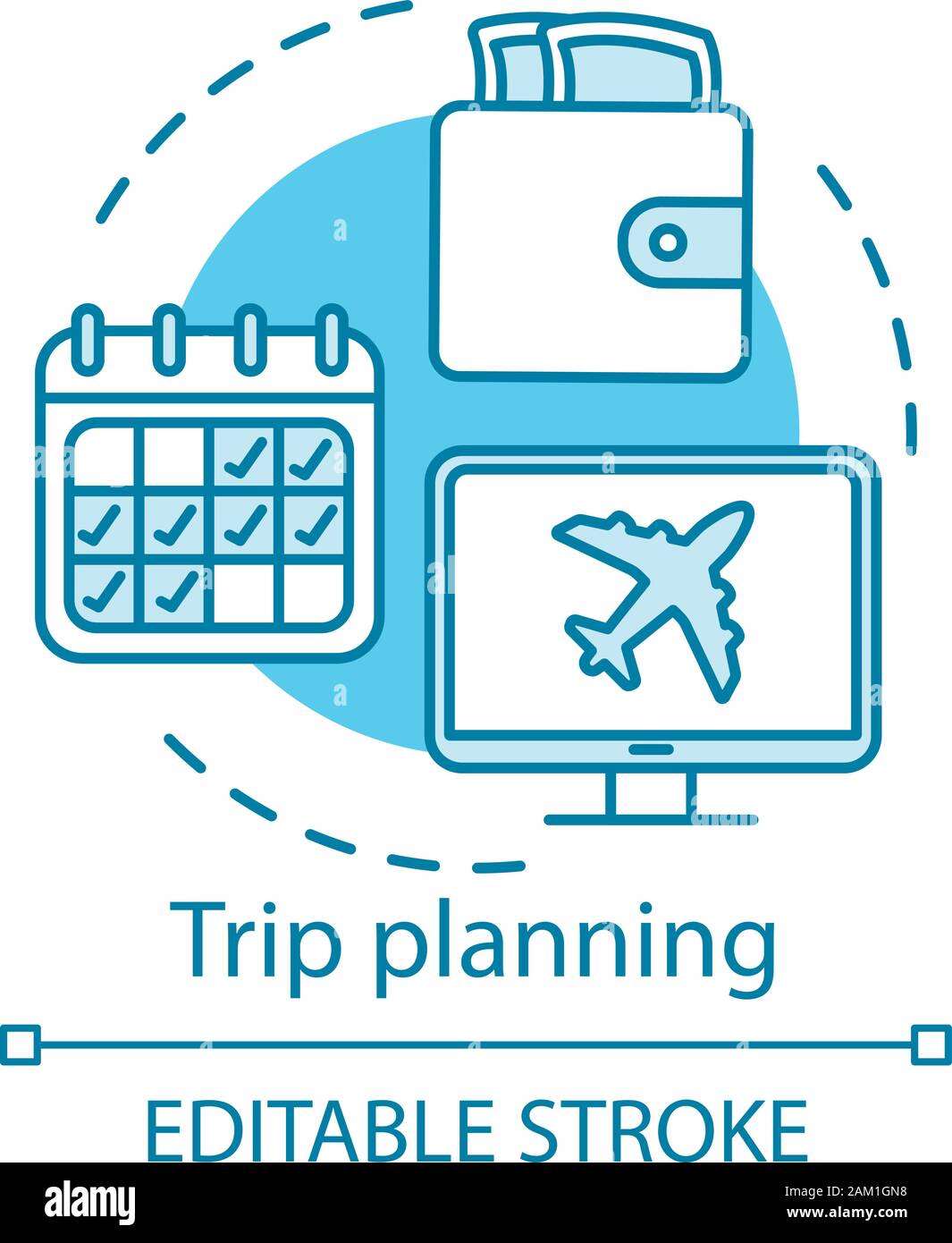 Reise Planung Konzept Symbol. Reisen Idee dünne Linie Abbildung. Online Tickets buchen. Rabatte, Sonderangebote. Flug Abflug Datum. Reisen Ag Stock Vektor