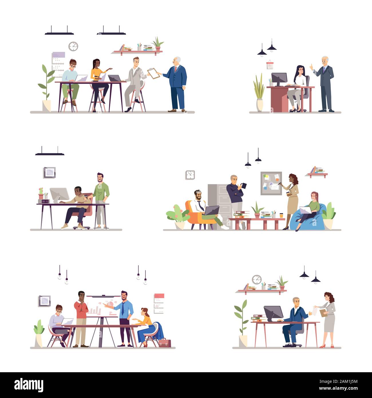 Büro Organisation flachbild Vektorgrafiken. Teamwork, Kollegen Interaktion, Coworking. Die Leistung des Teams. Geschäftsleute und Sekretäre Stock Vektor