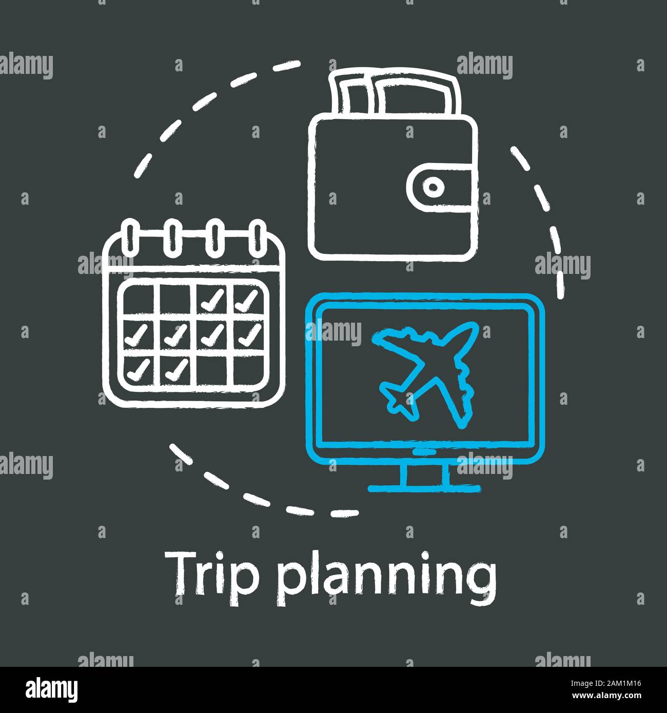 Reiseplanung chalk Konzept Symbol. Reisen Idee. Online Tickets buchen. Rabatte, Sonderangebote. Reisebüro. Flug Abflug Datum. Vektor isol Stock Vektor