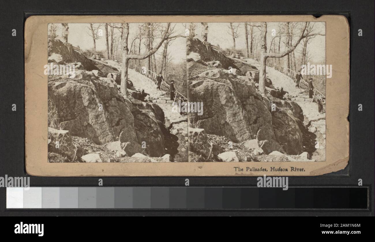 Die Palisades, den Hudson River mit Blick von E.&HT Anthony, G.G. Rockwood, H.S. Wyer und andere Fotografen und Verlage. Outdoor Porträts. Robert Dennis Sammlung von stereoskopische Ansichten. Blick auf die Palisaden in dem westlichen Ufer des Hudson River in New York und New Jersey, mit Blick auf die Felsen, Fluss und Verkehr, Touristen, eine Fernsicht von Yonkers aus der Palisaden und Picknicken am Ft. Lee.; Die Palisaden, Hudson River. Stockfoto