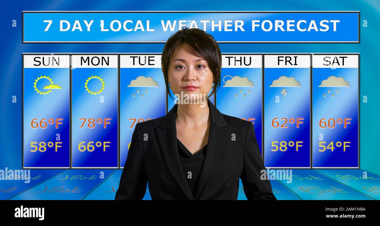 Weibliche asiatische amerikanische Meteorologin berichtet von Wetter, originellen Designelementen Stockfoto