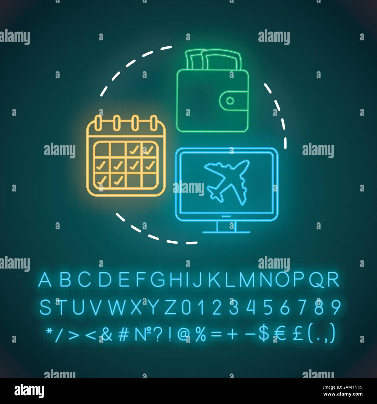 Reiseplanung Neon Licht Konzept Symbol. Reisen Idee. Online Tickets buchen. Rabatte, Sonderangebote. Flug Abflug Datum. Leuchtende Zeichen mit Alp Stock Vektor