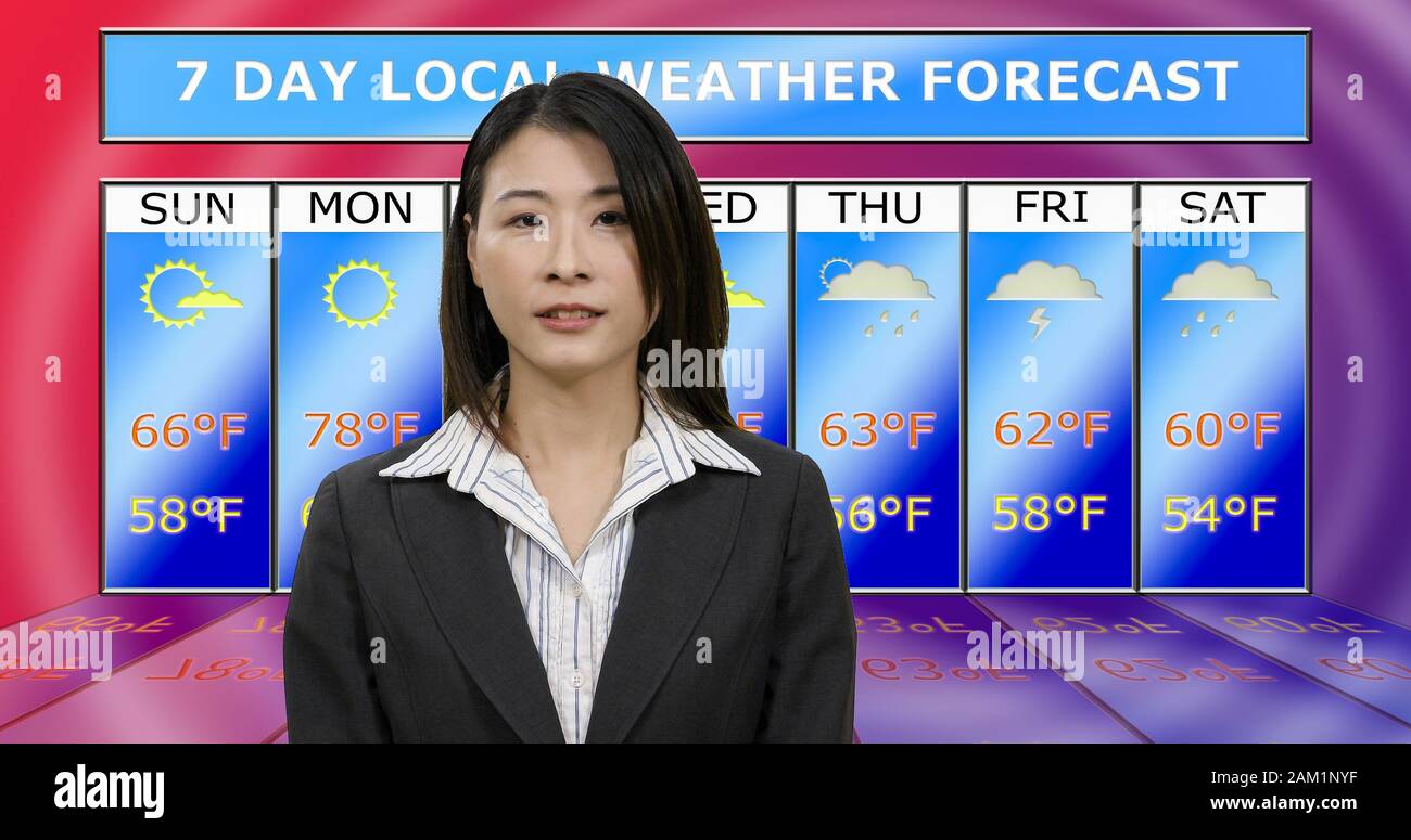 Weibliche asiatische amerikanische Meteorologin berichtet von Wetter, originellen Designelementen Stockfoto