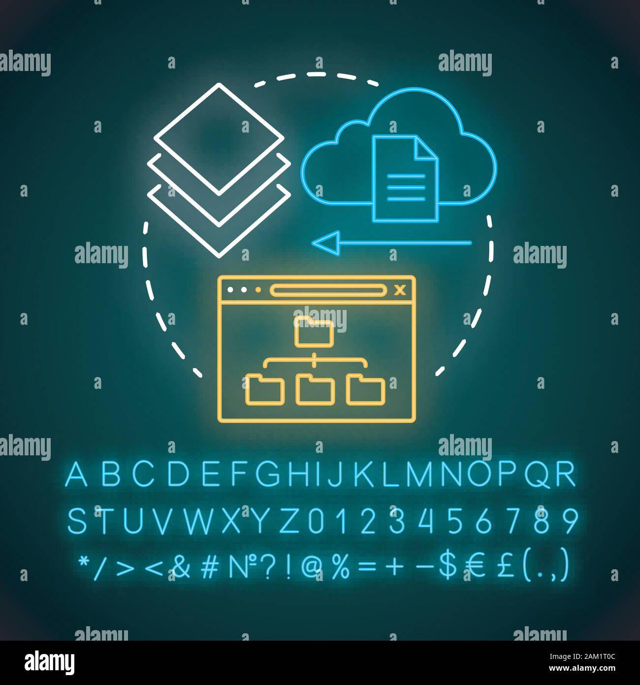 Cross Platform Dateien synchronisieren Neon Licht Konzept Symbol. Cloud Computing, Remote Data Access Idee. Leuchtende Zeichen mit Alphabet, Zahlen und Symbolen. Inter Stock Vektor