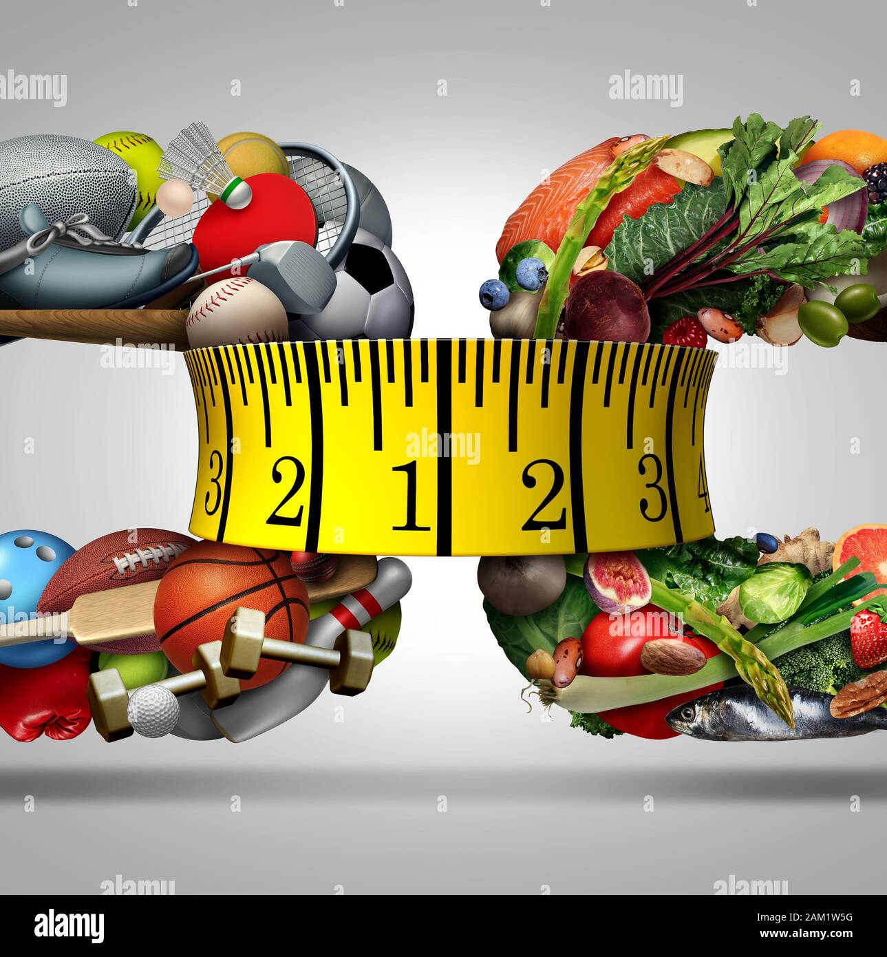 Sport und Ernährung als Gesundheit und Fitness Concept mit einem Maßband als Wellness lifestyle Symbol für Abwägung mit gesunden Lebensmitteln. Stockfoto