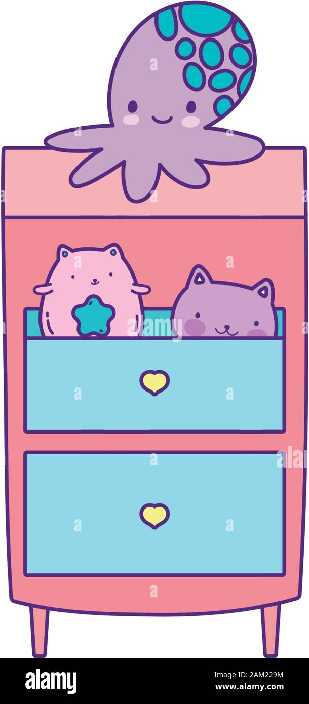 Holzschubkästen mit Spielzeug Katzen und Octopus Vector Illustration Stock Vektor