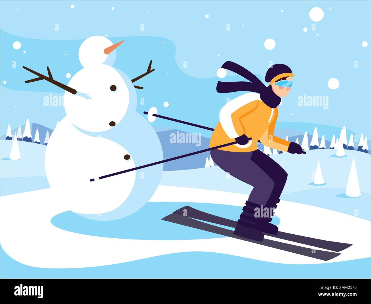 Mann mit Mountain Ski im Querformat mit Schneefall Vector Illustration Design Stock Vektor