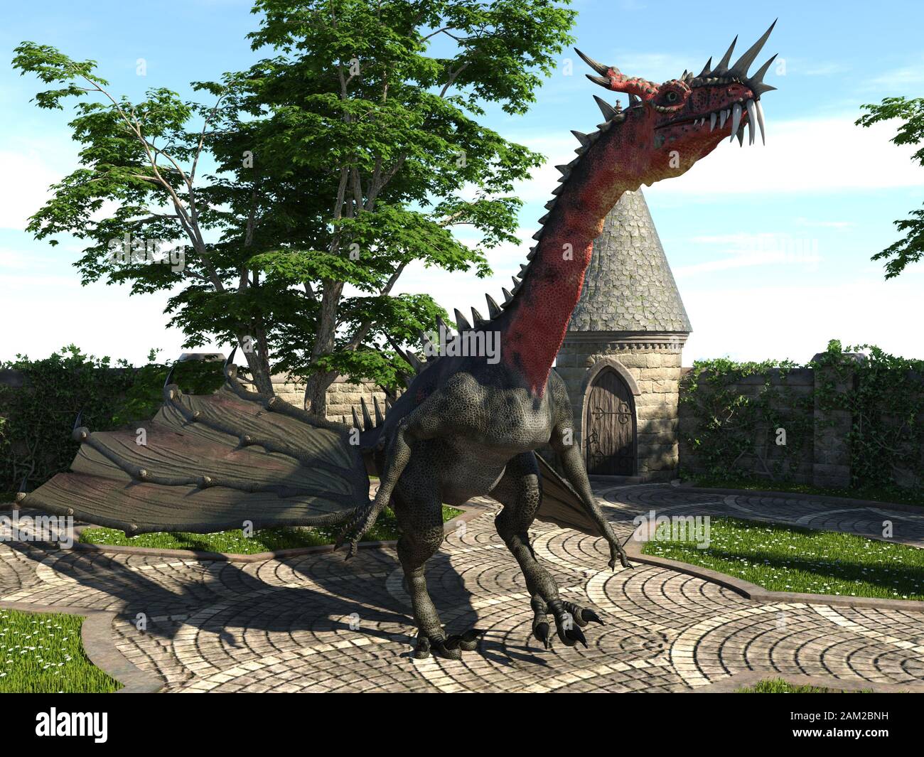 Fantasy Dragon und mittelalterliche Turm 3D-Illustration Stockfoto