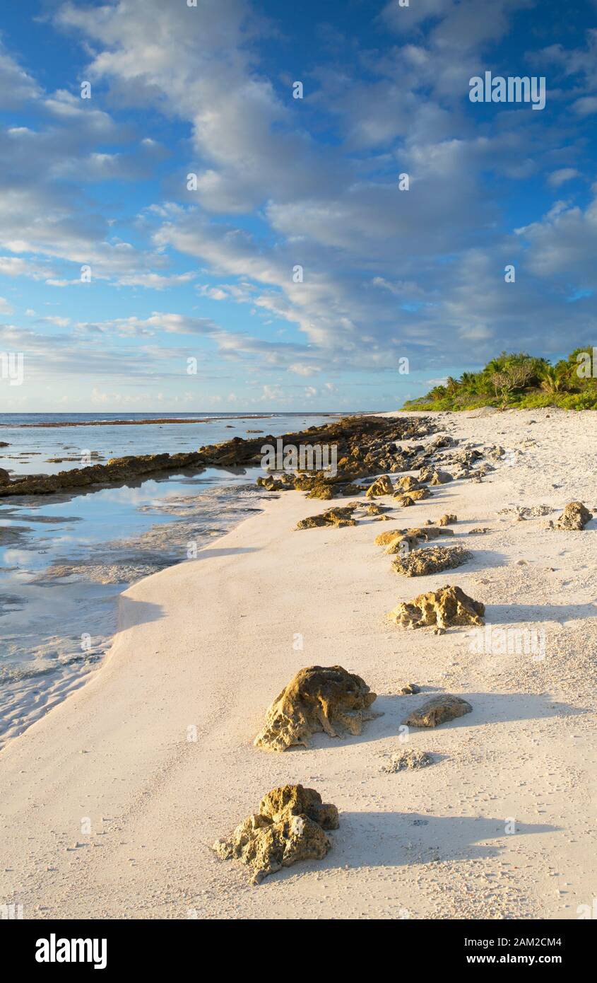 Strand bei Sonnenaufgang, Fakarava, Tuamotu-Inseln, Französisch-Polynesien Stockfoto