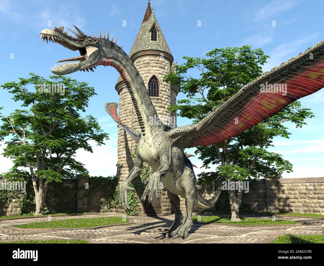 Fantasy Dragon und mittelalterliche Turm 3D-Illustration Stockfoto