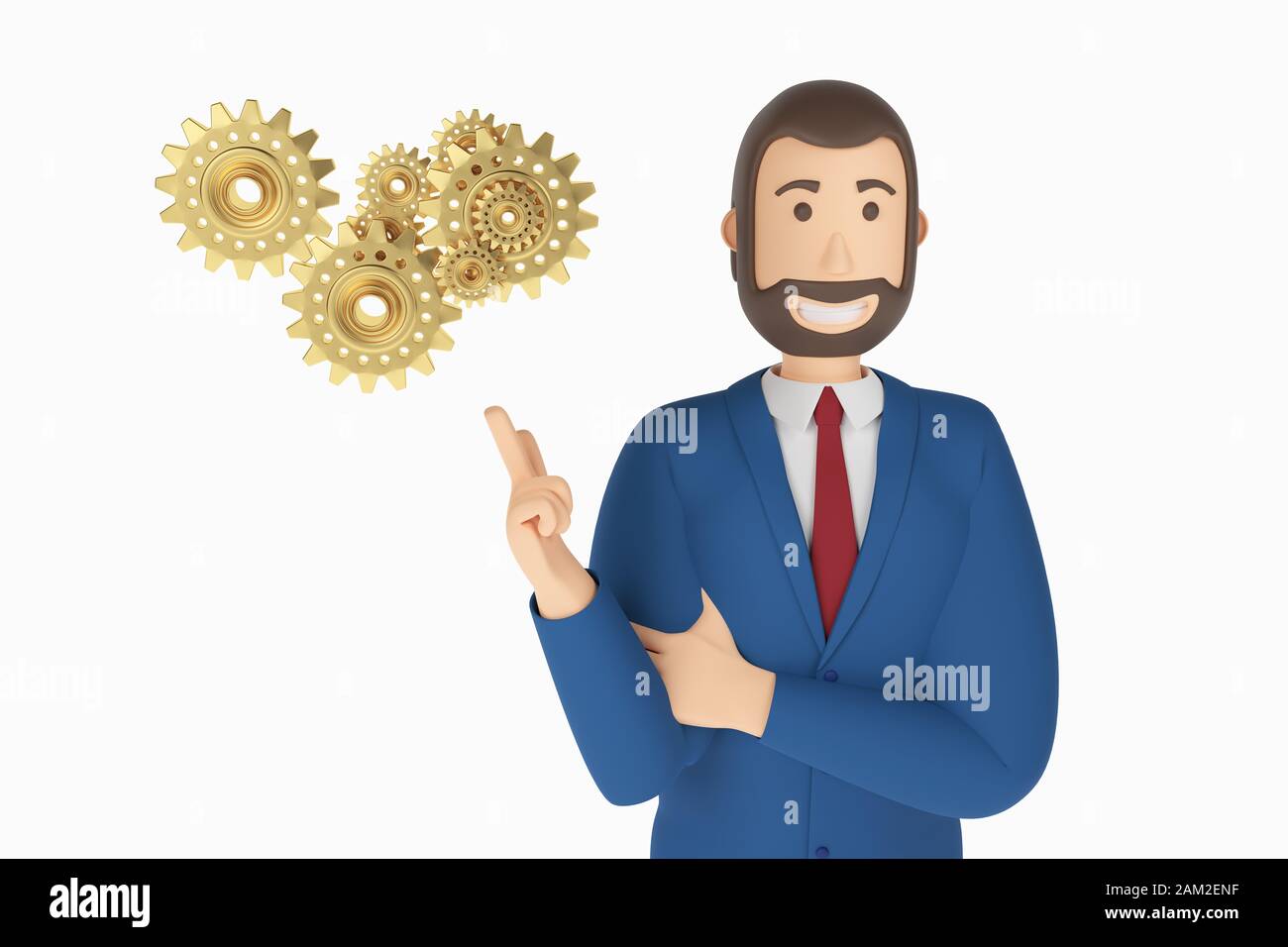 Cartoon-Charakter, Geschäftsmann im Anzug mit dem Zeigefinger auf eine Zahnräder. Symbol für Business-Concept Gears. 3D-Rendering Stockfoto