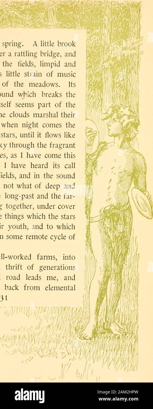 Unter den Bäumen. Wenig brookcrosses der Straße unter ein klapperndes Brücke, auf der andwanders tlelds, klar andrippling, seinen kleinen Stamm von musicthrough das Schweigen über die Wiesen laufen. Itsvoice ist das einzige Geräusch, das bricht thestillness, und dass selbst scheint Teil der thesolitude. Von den Wolken Marschall theirshadows auf Sie, und wenn die Nacht kommt theheavens Leistungsbeschreibung es mit Sternen, bis es fließt likea auflösen Gürtel der Himmel durch die fragrantdarkness. Manchmal, wie ich komme thisway haben nach Einbruch der Dunkelheit, ich habe gehört, der callacross der unsichtbare Felder und im soundI gehört haben 1 Wissen Stockfoto