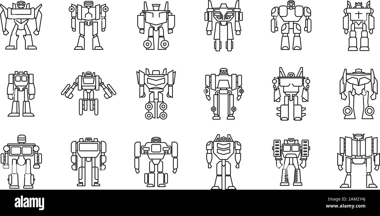 Futuristische robot-Transformator Symbole gesetzt. Umrisse der futuristischen Roboter - Trafo Vector Icons für Web Design auf weißem Hintergrund Stock Vektor