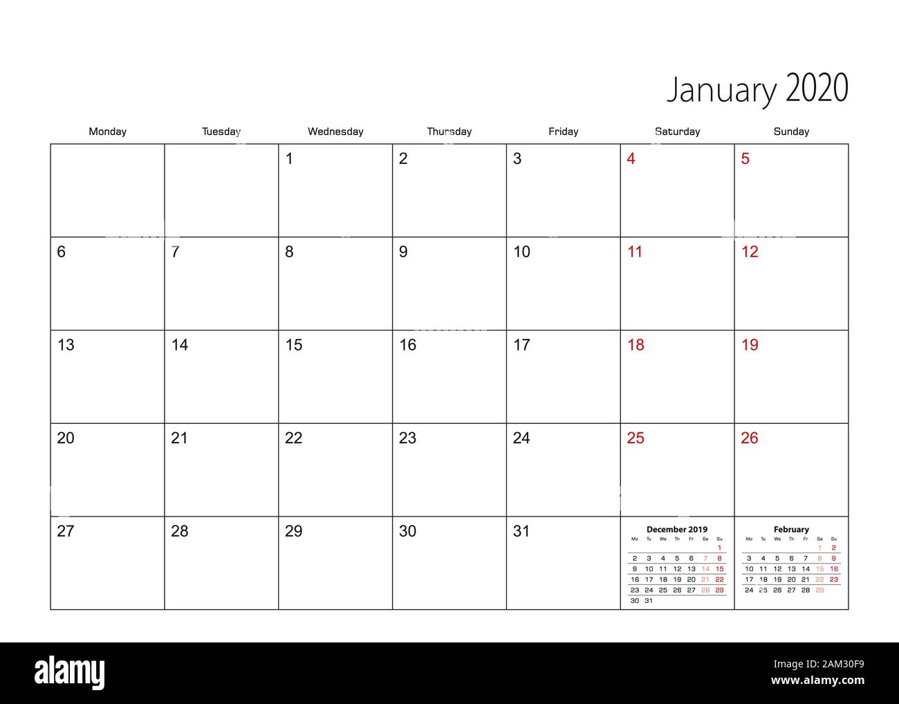 Januar 2020 Einfacher Kalender Planer, Woche beginnt ab Montag. Vektor  Kalender Routenplaner Stock-Vektorgrafik - Alamy