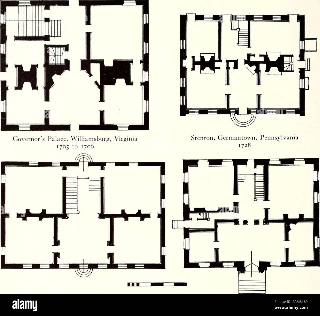 Inländischen Architektur der amerikanischen Kolonien und der frühen Republik. Chase House, Annapolis. 1769 bis 1771 Abbildung 46. Häuser mit eine Querhalle amerikanischen inländischen Architektur Rechnung Kosten. 1 sowohl dieses Haus und Ähnliches gebaut für Ninyon Challoner, i735j hatte jedoch wieder Treppen, die etwas Privatsphäre zu den hinteren Zimmer oben gab. Unter den Häusern, wo Sie freien Zugang zu allen Zimmern vorhanden ist, würde es sein. Carters Waldung, James City County, Virginia Cliveden, Germantown, Pennsylvania David Minitree, 1751 Nach 1763 Abbildung 47. Häuser mit einem entwickelten Front Hall und eine Treppe Halle bei t Stockfoto